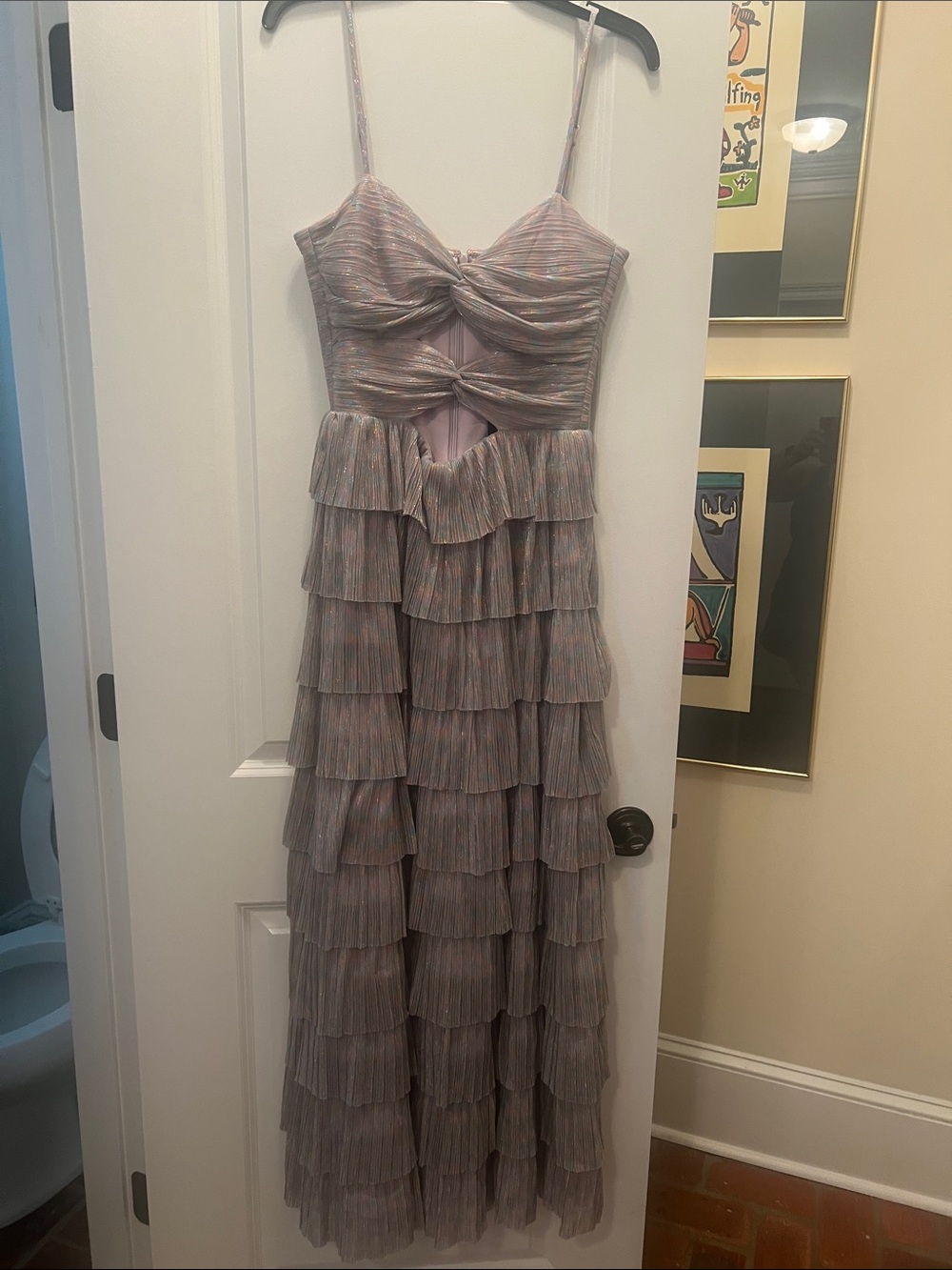 Gianni Bini Dusty Pink Metallic Tiered Ruffle Maxi Dress